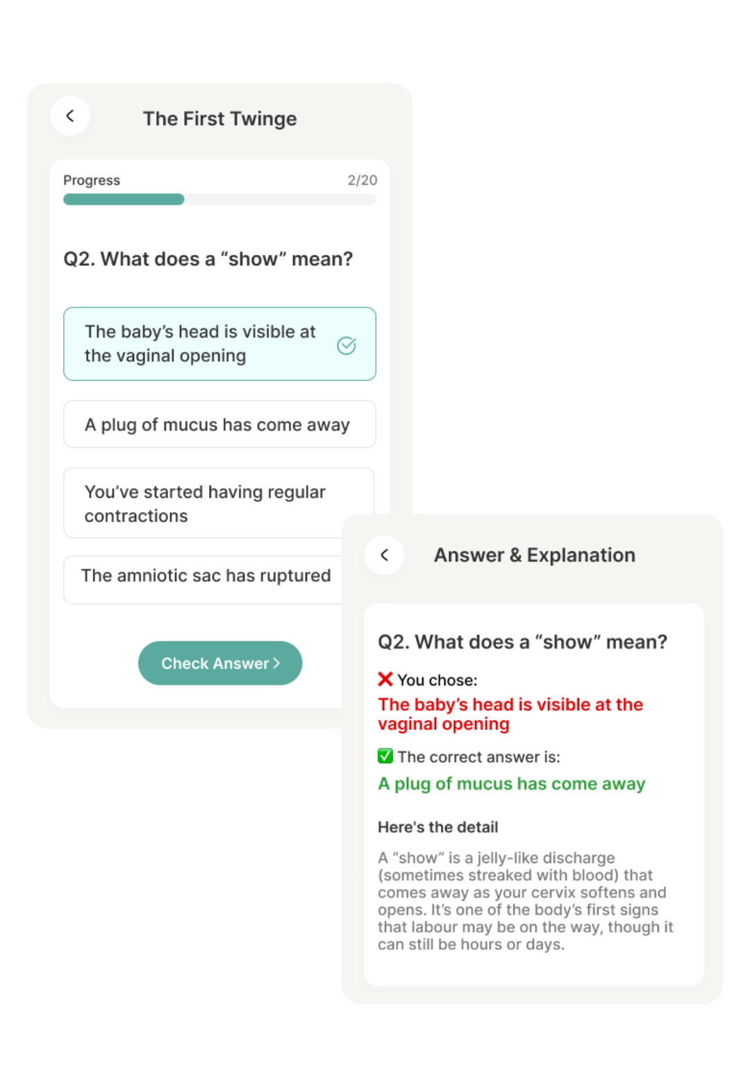 Yune app quiz screens showing a pregnancy question and its answer explanation